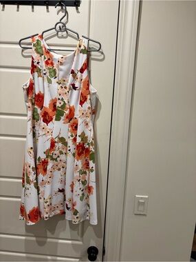 White Floral A-Line Summer Dress with red & Green Accents